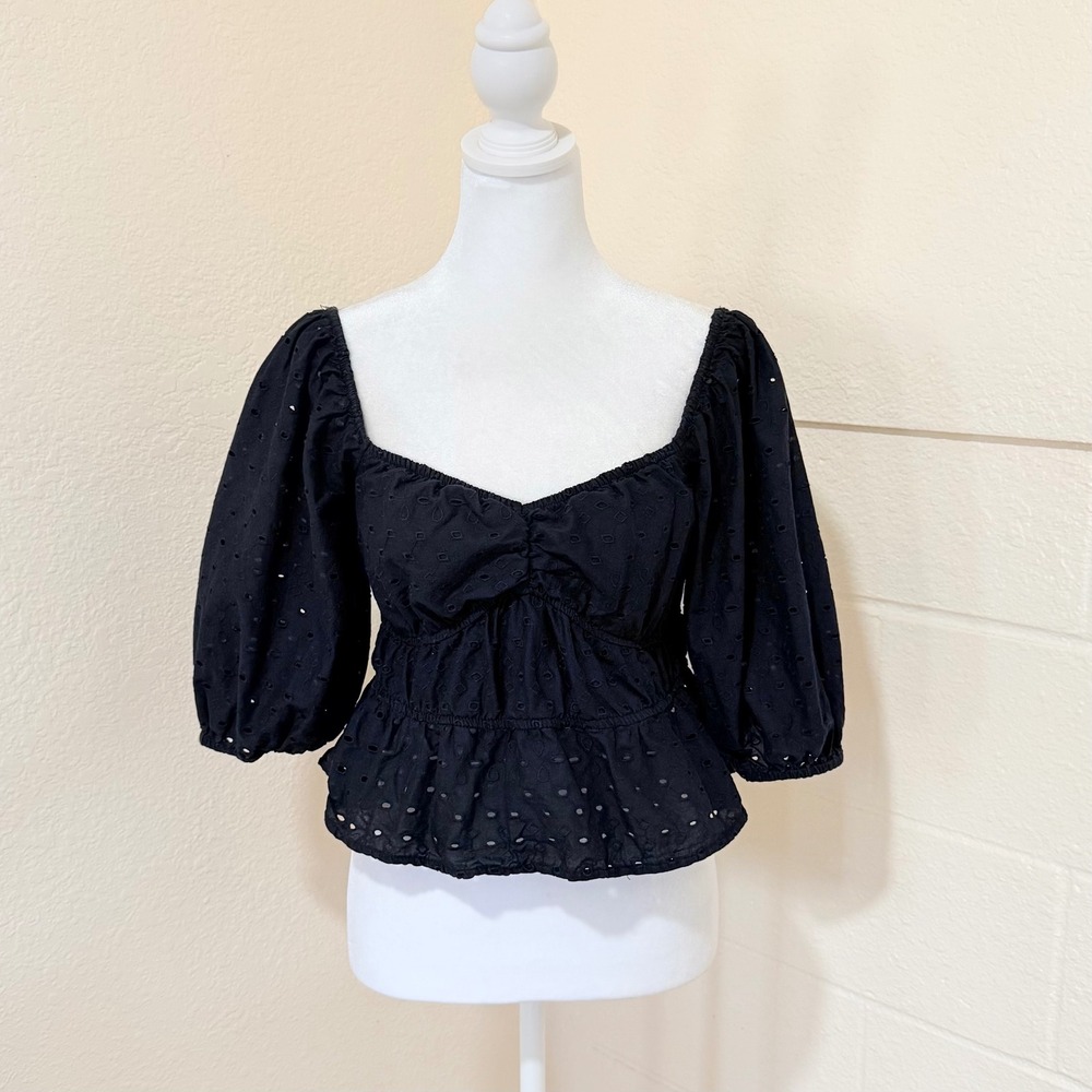 A New Day Eyelet Puff Sleeve Babydoll Top Womens Small Black Peplum Boho Gothic